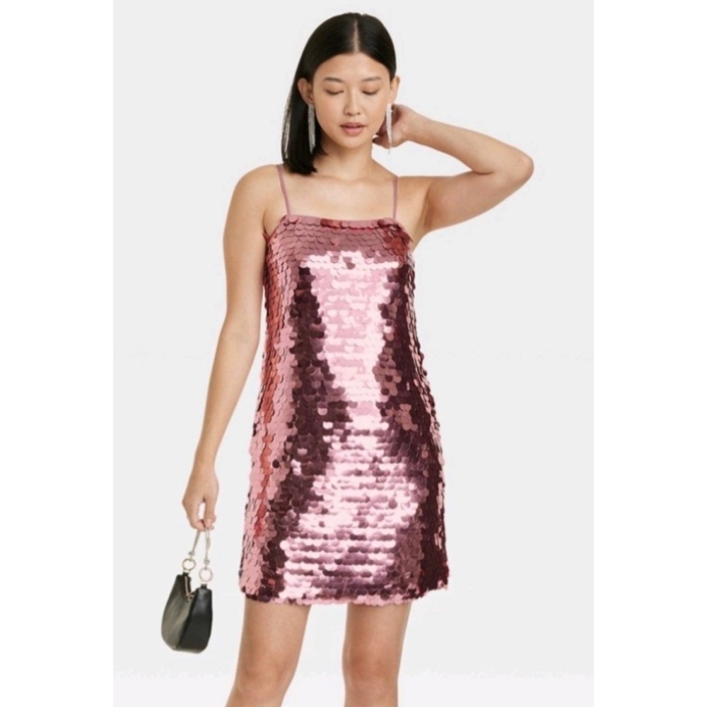 A New Day Womens Pink Oversized Paillette Sequin Mini Dress XS Square Neck Party